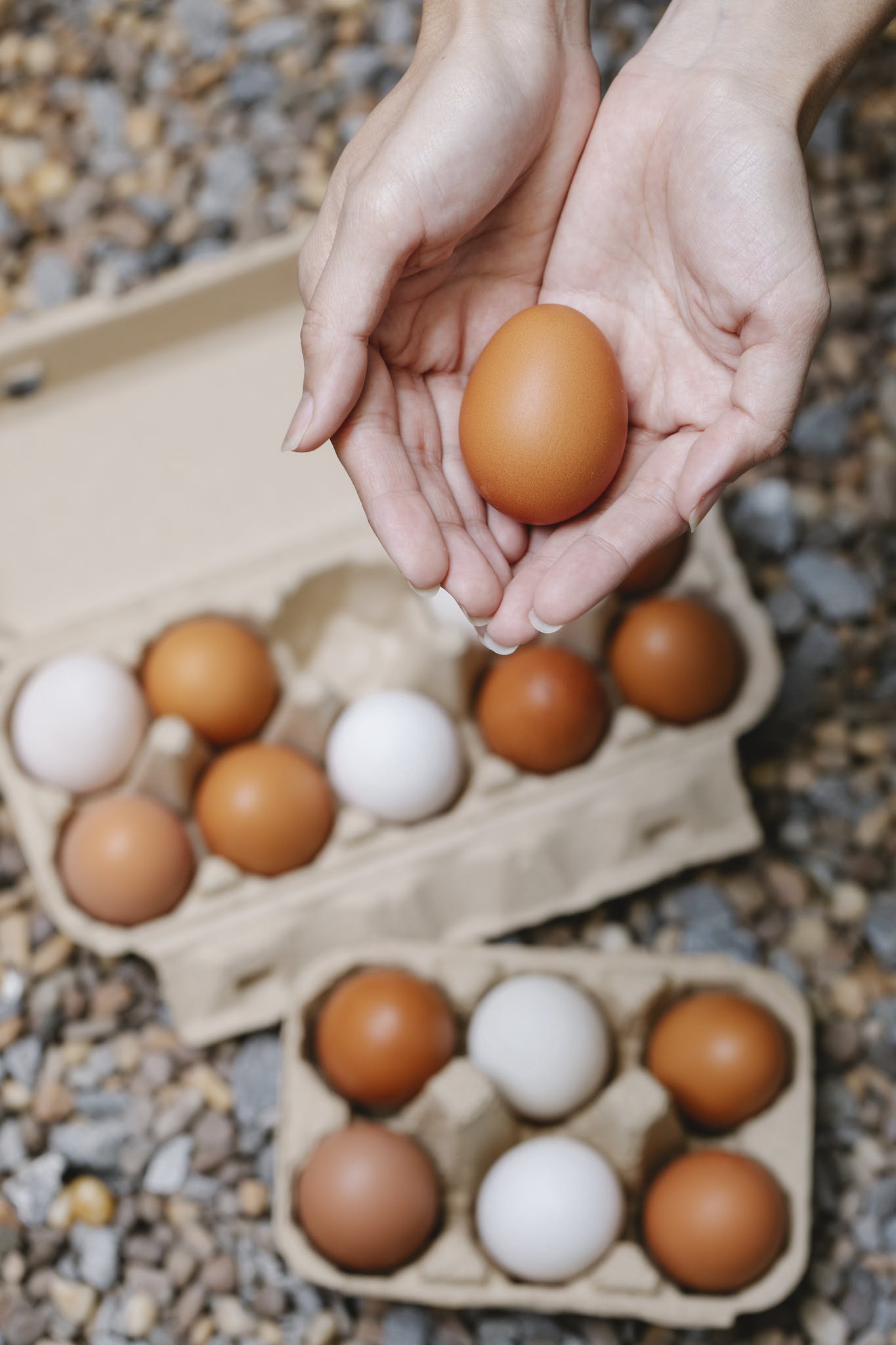 Crop anonymous female demonstrating clean fresh chicken eggs in carton box and in hands on blurred background of stones